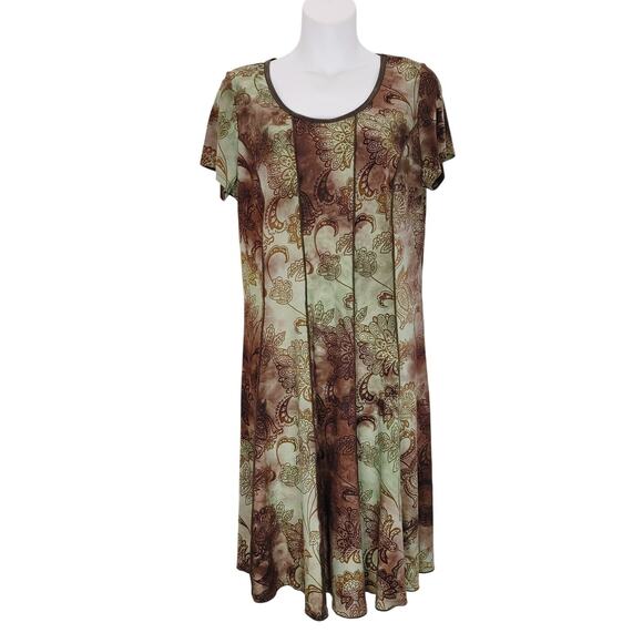 Sami Jo Vintage Shift Dress Short Sleeve Pleated Floral Brown Green Womens 1X - Picture 1 of 7